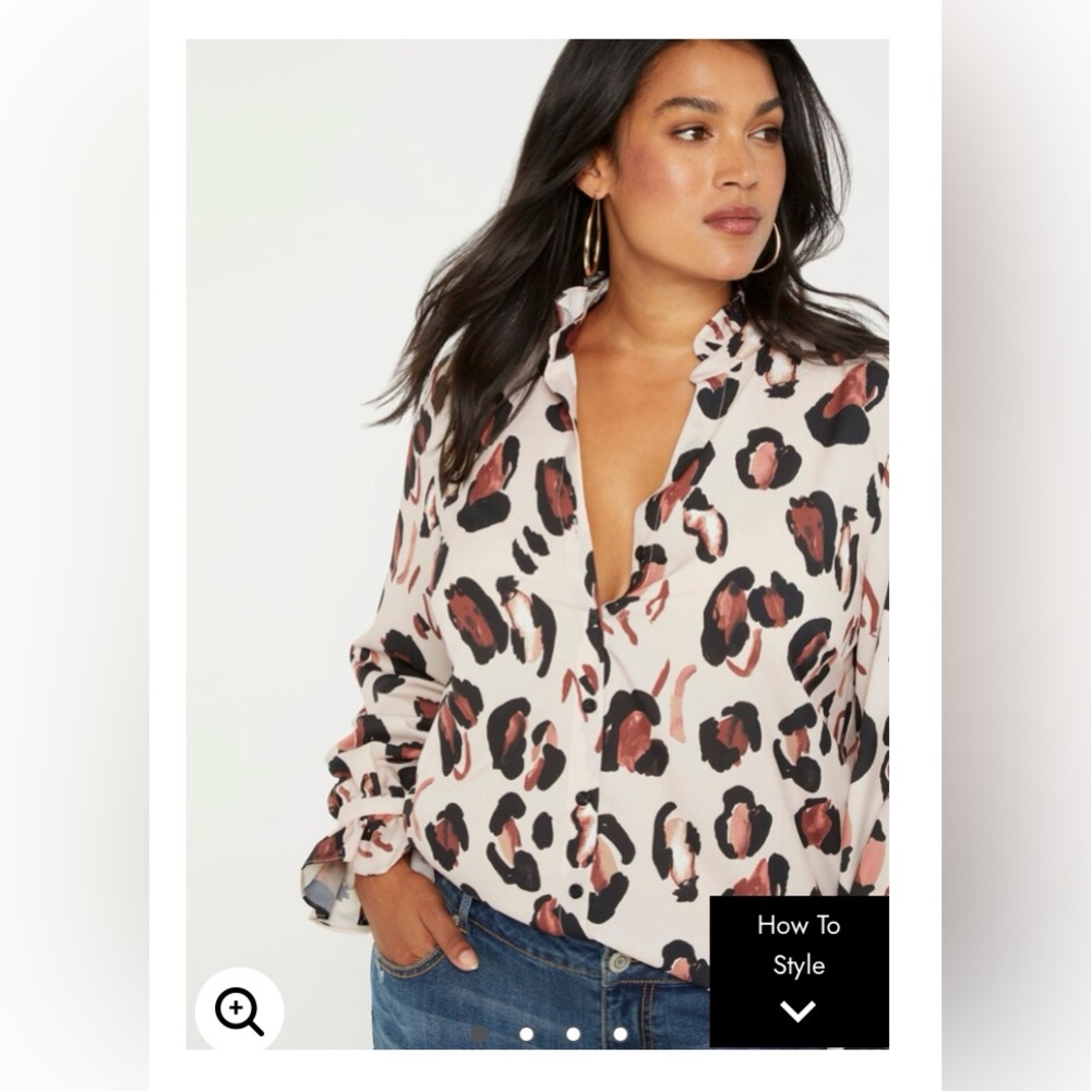 Eloquii Printed Button-down Shirt with Ruffle Neck and Sleeves